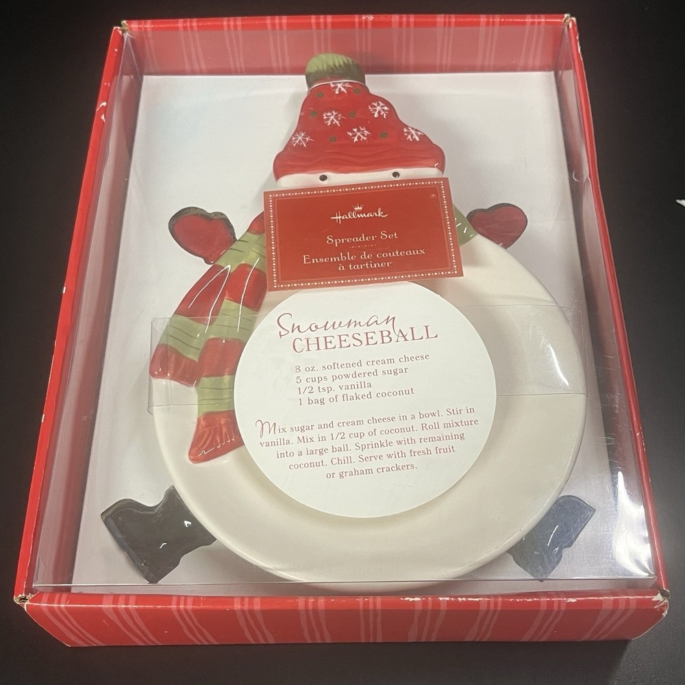 Hallmark Snowman Cheeseball Spreader Set Ceramic Plate 4 Knives Christmas New